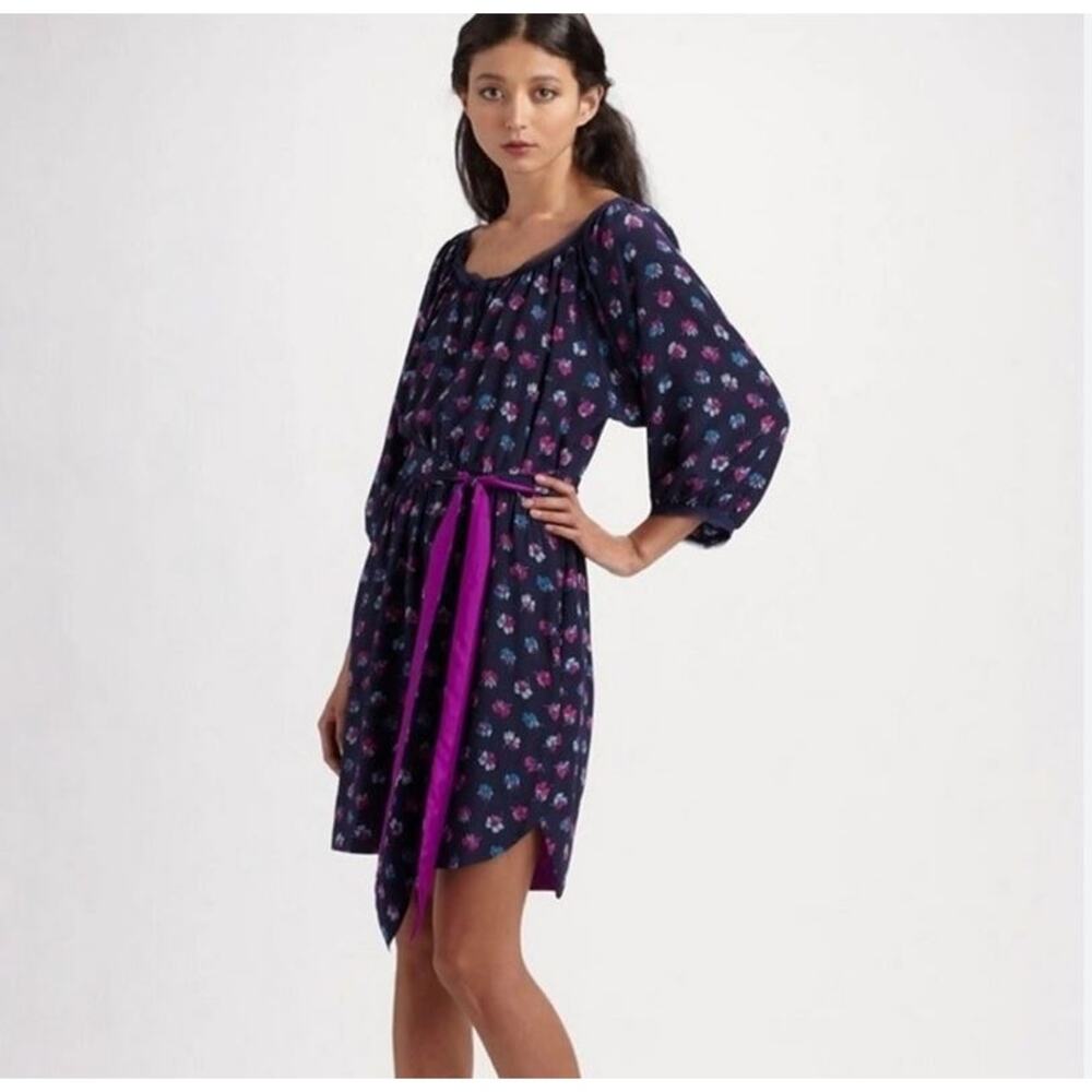 Rebecca Taylor Women’s navy silk belted floral print mini dress 3/4 sleeve (2)